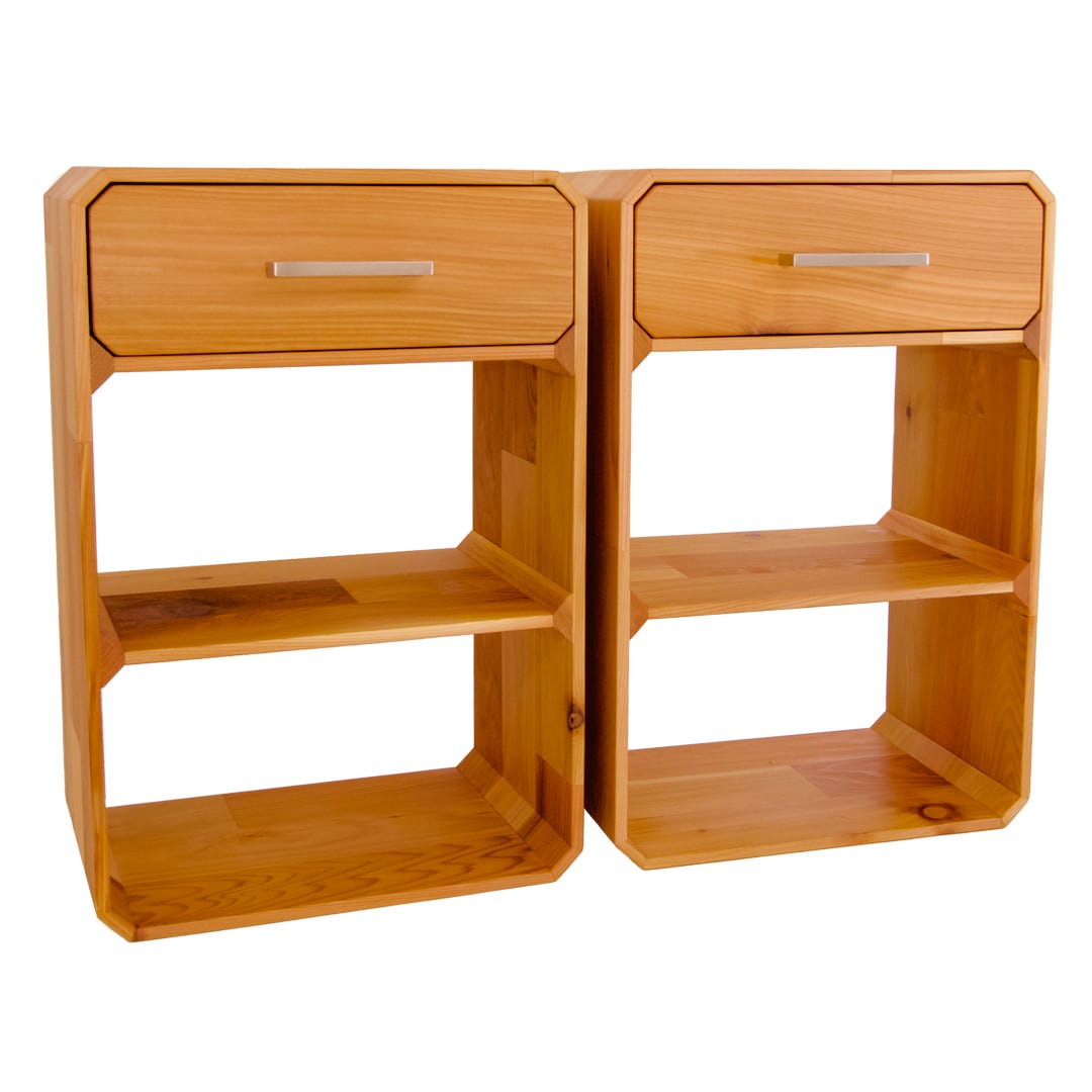 A pair of modern night stands in laminated red cedar